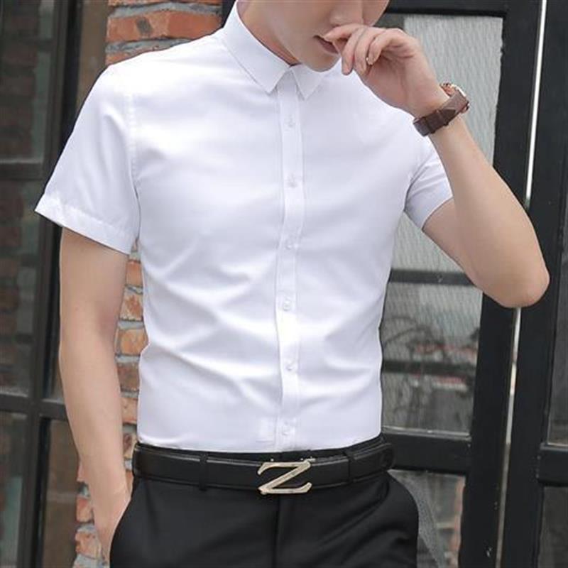 2024 Summer Solid Color Shirt Mens Short-Sleeved Business Formal Fit Professional Workwear White Half-Sleeved Shirt Light blue - Image 3
