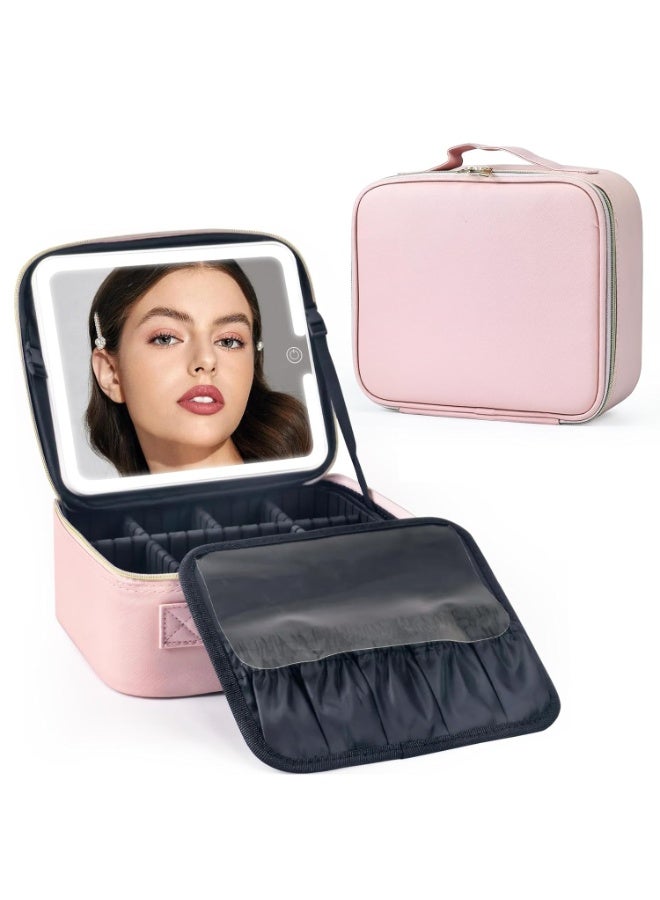 حقيبة مكياج محمولة مع مرآة LED - حقيبة مستحضرات تجميل كبيرة بإضاءة قابلة للتعديل، منظم مقاوم للماء مع فواصل قابلة للتعديل لفرش المكياج والمجوهرات - 25×25 سم - Image 1