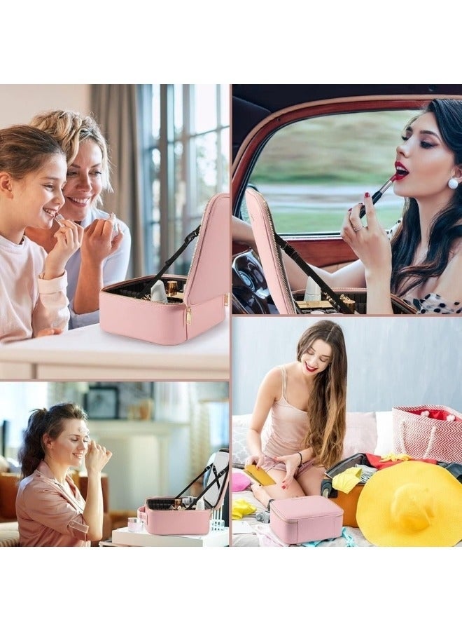 حقيبة مكياج محمولة مع مرآة LED - حقيبة مستحضرات تجميل كبيرة بإضاءة قابلة للتعديل، منظم مقاوم للماء مع فواصل قابلة للتعديل لفرش المكياج والمجوهرات - 25×25 سم - Image 4