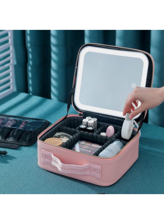 حقيبة مكياج محمولة مع مرآة LED - حقيبة مستحضرات تجميل كبيرة بإضاءة قابلة للتعديل، منظم مقاوم للماء مع فواصل قابلة للتعديل لفرش المكياج والمجوهرات - 25×25 سم - Image 3