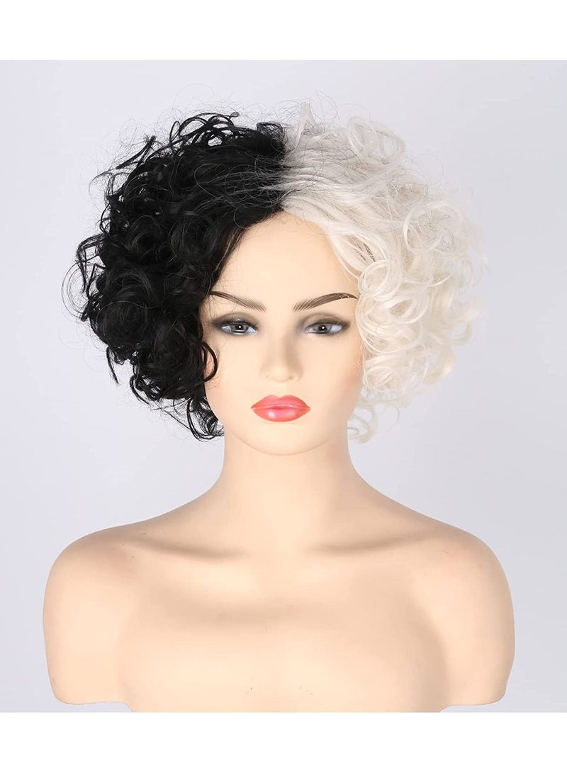 إستيل شعر مستعار مجعد أسود أبيض ثنائي اللون شعر مستعار قصير مموج مجعد مناسب لحفلات الكرنفال وإكسسوارات أزياء الحفلات التنكرية - Image 1