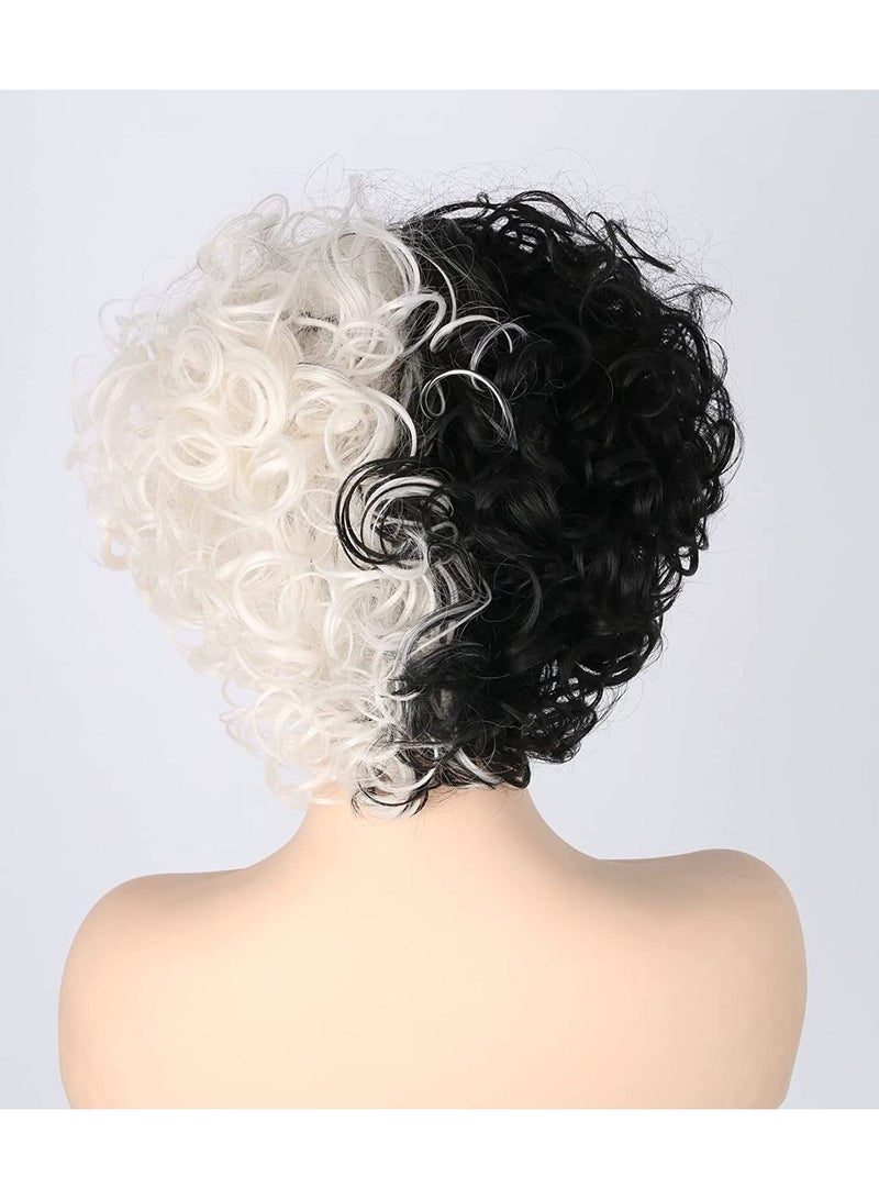 إستيل شعر مستعار مجعد أسود أبيض ثنائي اللون شعر مستعار قصير مموج مجعد مناسب لحفلات الكرنفال وإكسسوارات أزياء الحفلات التنكرية - Image 4