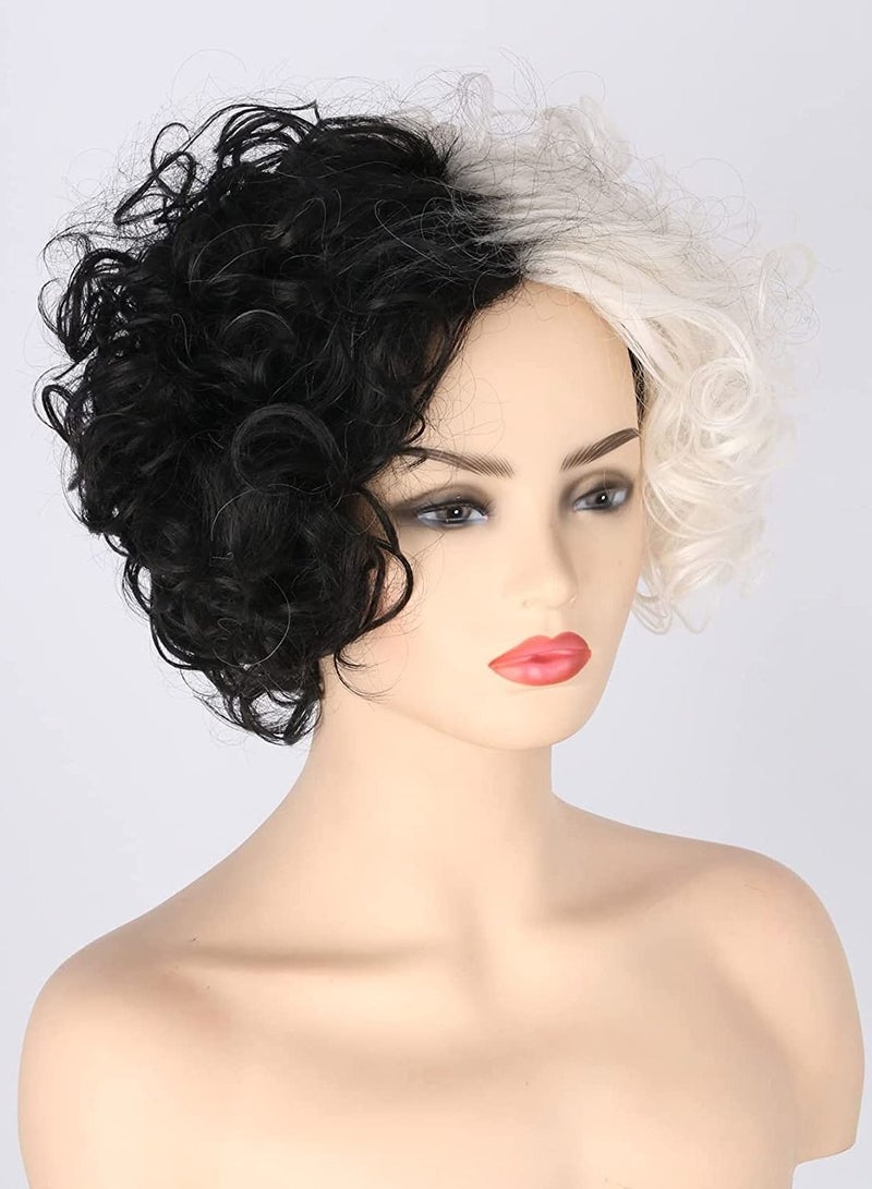 إستيل شعر مستعار مجعد أسود أبيض ثنائي اللون شعر مستعار قصير مموج مجعد مناسب لحفلات الكرنفال وإكسسوارات أزياء الحفلات التنكرية - Image 2