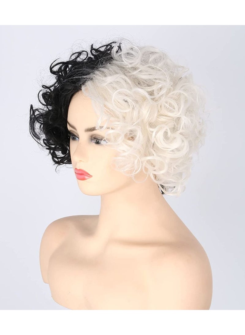 إستيل شعر مستعار مجعد أسود أبيض ثنائي اللون شعر مستعار قصير مموج مجعد مناسب لحفلات الكرنفال وإكسسوارات أزياء الحفلات التنكرية - Image 3