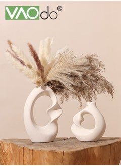 VAOdo 2PCS Unique White Ceramic Vase for Modern Home Decor Minimalist Nordic Boho Ins Style Centerpieces,Round Matte Pampas Flower Vases Art Aesthetic Donut Decorations for Room Office and Farmhouse  - Image 1