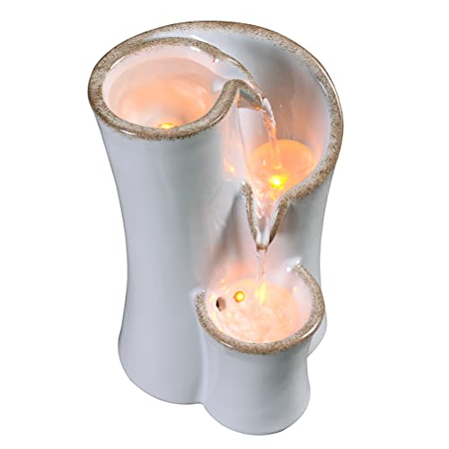 GOSSI Haobos Indoor Water Fountain Imitation Ceramics Appearance Tabletop Fountain Relaxation Desktop Waterfall w/ 3 Reflective led, 9.8 Inch Tall Fountain (Grey) - Image 2