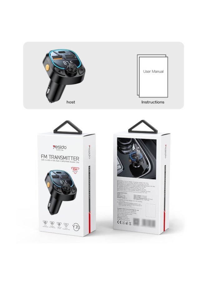 Yesido Y70 Car Charger, Bluetooth 5.3 FM Transmitter, Supports 3 Devices, USB and Type-C Port, with Remote Control - Black - Image 5