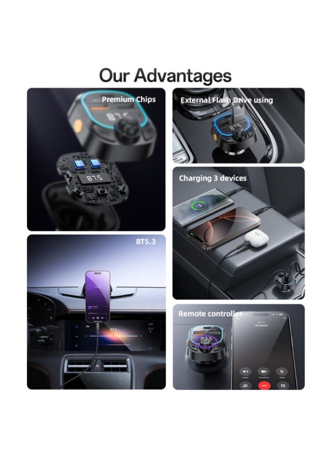 Yesido Y70 Car Charger, Bluetooth 5.3 FM Transmitter, Supports 3 Devices, USB and Type-C Port, with Remote Control - Black - Image 3