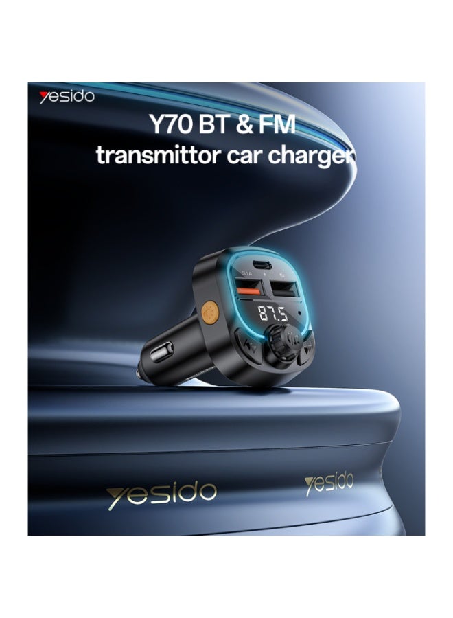 Yesido Y70 Car Charger, Bluetooth 5.3 FM Transmitter, Supports 3 Devices, USB and Type-C Port, with Remote Control - Black - Image 2