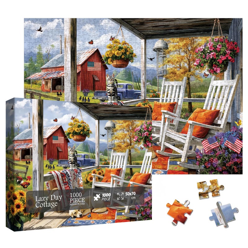 Larkipuzz Beautiful Country Cottage Puzzles for Adults 1000 Pieces Colorful Flower Landscape Jigsaw Puzzle Impossible Dog Cat Art Puzzles - Image 3