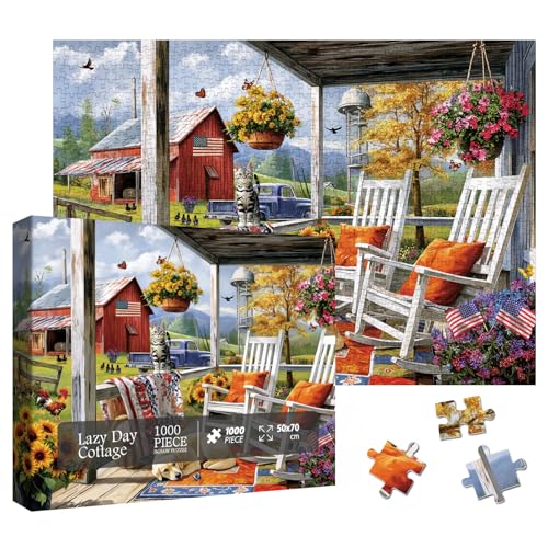 Larkipuzz Beautiful Country Cottage Puzzles for Adults 1000 Pieces Colorful Flower Landscape Jigsaw Puzzle Impossible Dog Cat Art Puzzles - Image 1