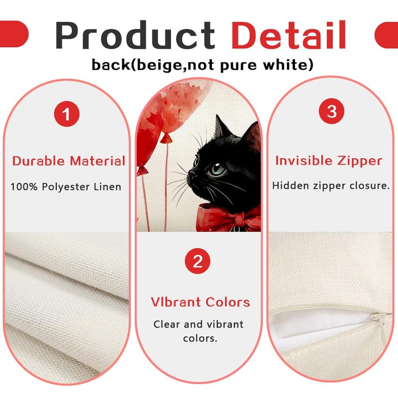 RABUSOFA Valentine Pillow Covers 18x18 Inch, Love Heart Balloon Black Cat Cute Outdoor Romantic Holiday Party Cushion Cases Valentines Decoration for The Home Sofa (White, 18" x 18") - Image 3