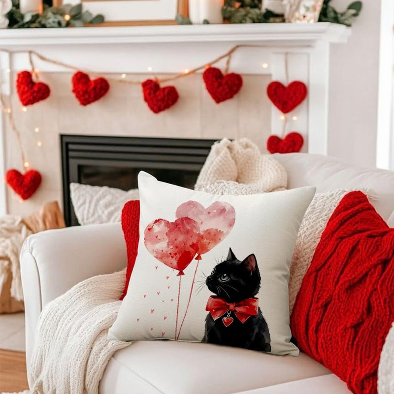 RABUSOFA Valentine Pillow Covers 18x18 Inch, Love Heart Balloon Black Cat Cute Outdoor Romantic Holiday Party Cushion Cases Valentines Decoration for The Home Sofa (White, 18" x 18") - Image 2