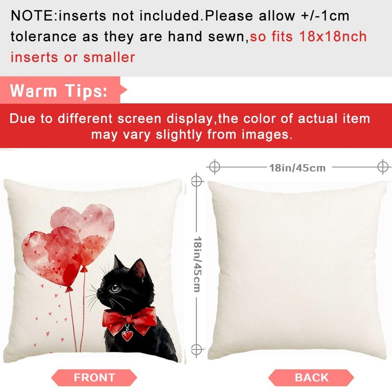 RABUSOFA Valentine Pillow Covers 18x18 Inch, Love Heart Balloon Black Cat Cute Outdoor Romantic Holiday Party Cushion Cases Valentines Decoration for The Home Sofa (White, 18" x 18") - Image 4