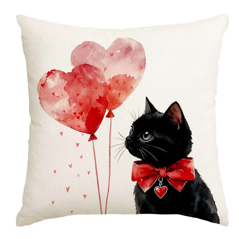 RABUSOFA Valentine Pillow Covers 18x18 Inch, Love Heart Balloon Black Cat Cute Outdoor Romantic Holiday Party Cushion Cases Valentines Decoration for The Home Sofa (White, 18" x 18") - Image 1