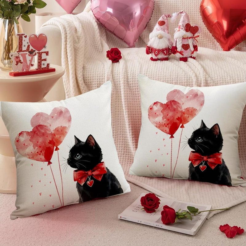 RABUSOFA Valentine Pillow Covers 18x18 Inch, Love Heart Balloon Black Cat Cute Outdoor Romantic Holiday Party Cushion Cases Valentines Decoration for The Home Sofa (White, 18" x 18") - Image 5