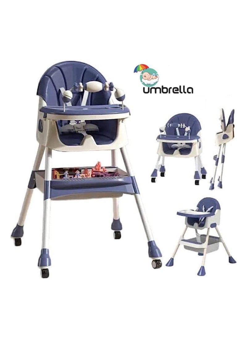 umbrella Umbrella 4-in-1 Convertible High Chair with Adjustable Height and Footrest, Toddler Feeding Booster Seat with Tray, Wheels, Seat Belt and Pillow 6 Months to 4 Years (Blue)  - Image 1