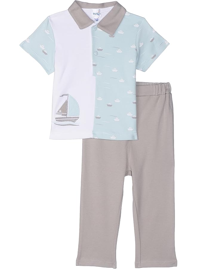Moon 100 Percent Cotton Polo T Shirt And Long Pant 9 12M Teal Little Boat - Image 1