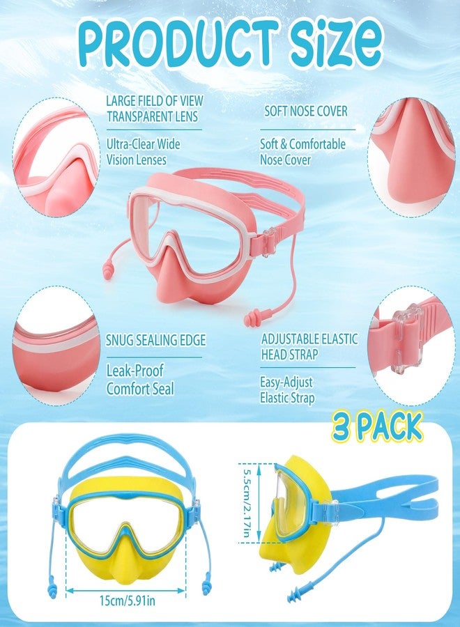 Tellegloww 3 Pack Kid Swim Goggles with Nose Cover Wide View No Leaking Anti Fog Swim Mask Pool Goggle for Age 3-12 Girl Boy (Yellow, Pink, Blue) - Image 2