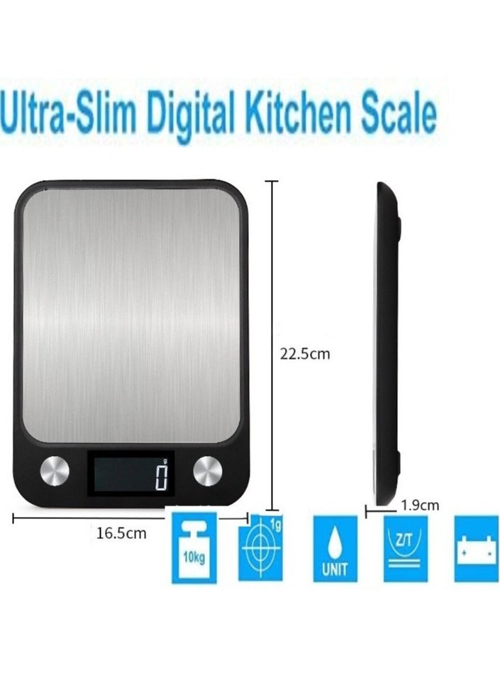 Digital LCD Kitchen Food Scale 10kg Black 22.5X16.5X1.9centimeter