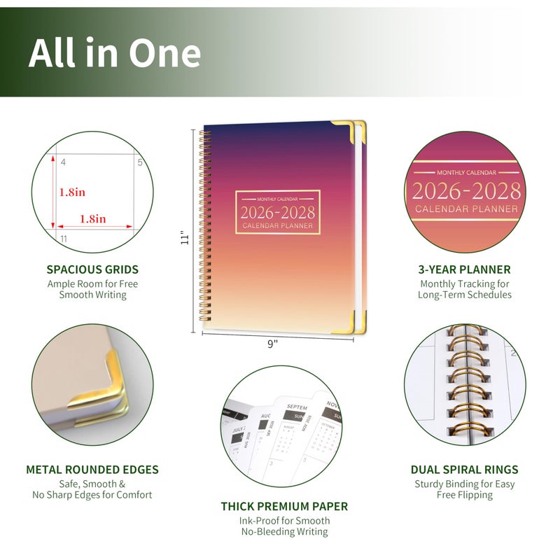 KAICN Monthly Planner 2026-2028, Hardcover 3 year calendar 2026-2027-2028 Calendar Book from Jan 2026 - Dec 2028, 9â€œ x 11â€, Spiral Bound,Organizer for Office, School, and Home, Sunset - Image 2