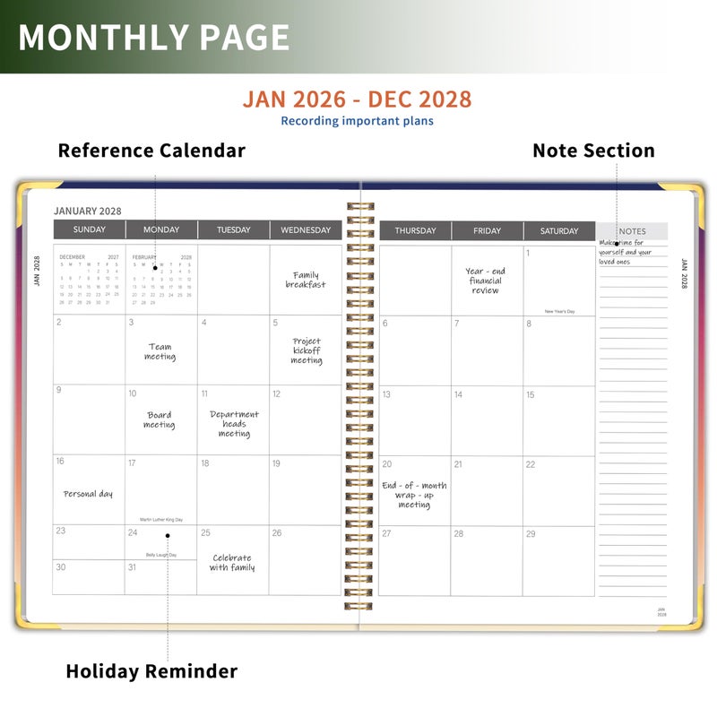 KAICN Monthly Planner 2026-2028, Hardcover 3 year calendar 2026-2027-2028 Calendar Book from Jan 2026 - Dec 2028, 9â€œ x 11â€, Spiral Bound,Organizer for Office, School, and Home, Sunset - Image 3