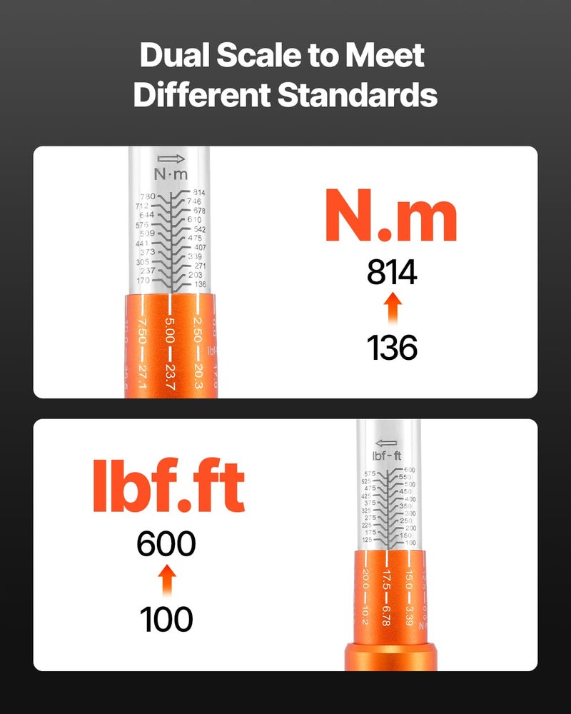 VEVOR 3/4 Inch Drive Torque Wrench 100-600fFT.LB/136-814Nm, 1 Inch Adapter, Split Beam, 48'' Length, less effort for Off-road Equipment,Truck,Motor Homes & Drilling Platform - Image 3