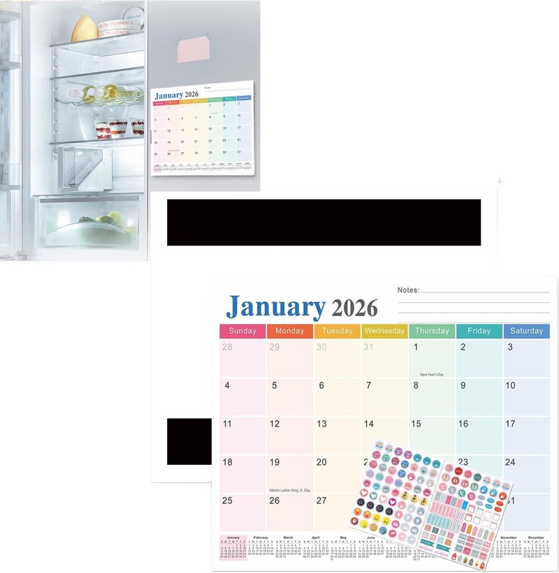 PINKE Magnetic Calendar for Refrigerator Fridge Calendar with 18 Months Calander from Jan. 2026 - Jun.2027, 12x10 Inch Magnetic Calendars Refrigerator Magnets Paper Planner+Sticker (2026 Colorful) - Image 1