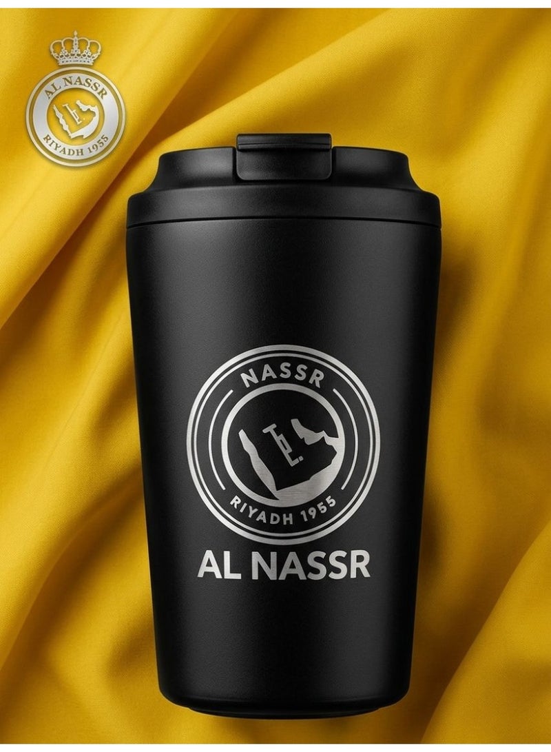 Premium stainless steel thermal mug with laser engraving of the Al-Nassr FC logo to keep beverages hot