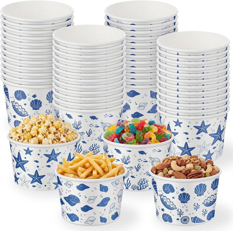 Romooa 100 Pcs 9oz Summer Ocean Theme Paper Bowls Treat Snack Cups Summer Ice Cream Dessert Bowl Treat Snack Cup for Hot or Cold Food Conch, Turtle, and Seashell Patterns Party Favor Supplies - Image 1