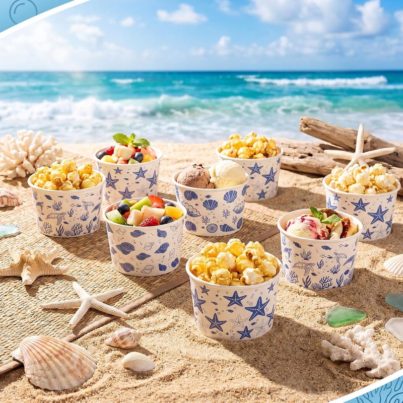 Romooa 100 Pcs 9oz Summer Ocean Theme Paper Bowls Treat Snack Cups Summer Ice Cream Dessert Bowl Treat Snack Cup for Hot or Cold Food Conch, Turtle, and Seashell Patterns Party Favor Supplies - Image 4