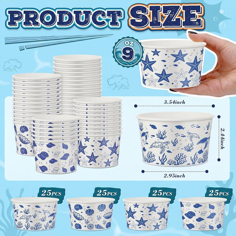 Romooa 100 Pcs 9oz Summer Ocean Theme Paper Bowls Treat Snack Cups Summer Ice Cream Dessert Bowl Treat Snack Cup for Hot or Cold Food Conch, Turtle, and Seashell Patterns Party Favor Supplies - Image 2