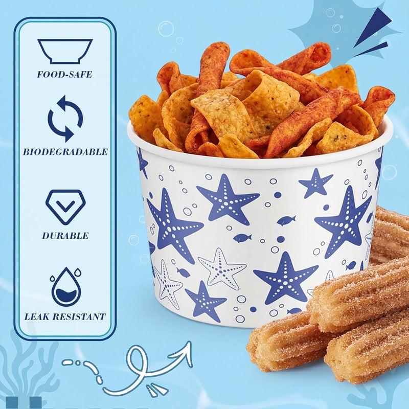 Romooa 100 Pcs 9oz Summer Ocean Theme Paper Bowls Treat Snack Cups Summer Ice Cream Dessert Bowl Treat Snack Cup for Hot or Cold Food Conch, Turtle, and Seashell Patterns Party Favor Supplies - Image 3