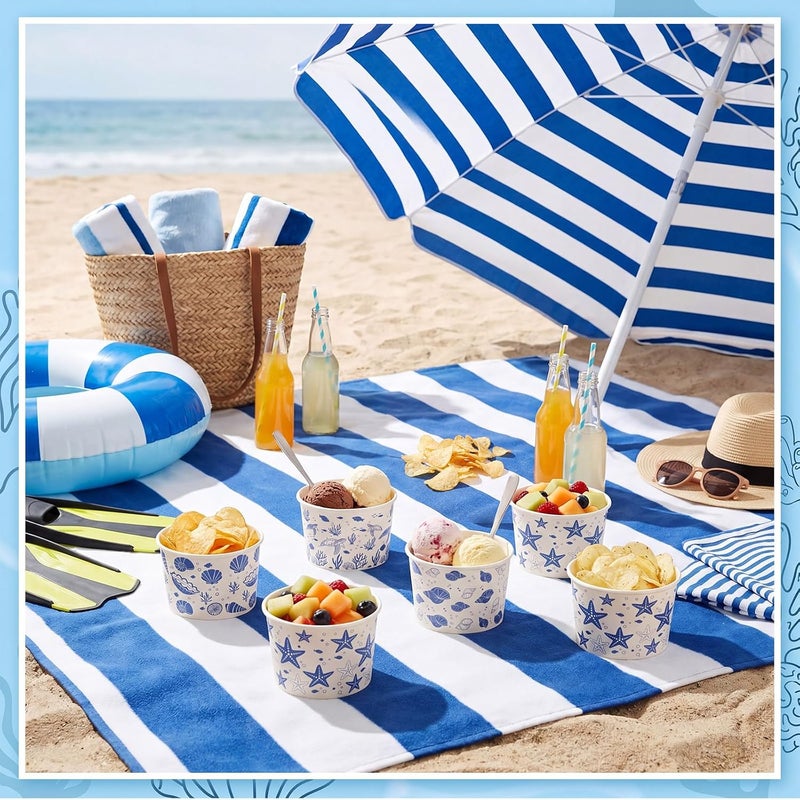 Romooa 100 Pcs 9oz Summer Ocean Theme Paper Bowls Treat Snack Cups Summer Ice Cream Dessert Bowl Treat Snack Cup for Hot or Cold Food Conch, Turtle, and Seashell Patterns Party Favor Supplies - Image 5