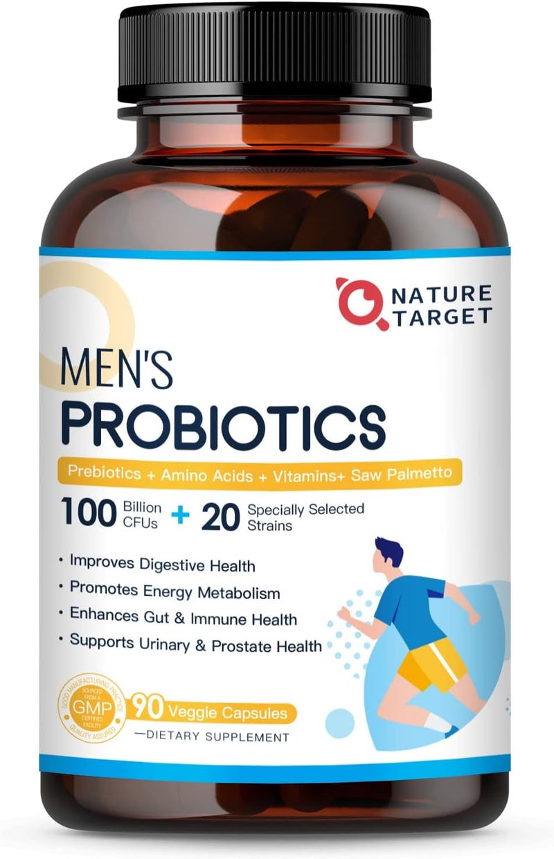 NATURE TARGET Probiotics for Men Digestive Health with Enzymes  Prebiotics 100 Billion CFUs Mens Probiotics with Saw Palmetto  Cranberry for Prostate  Urinary Tract Health 90 Veggie Capsules - Image 1