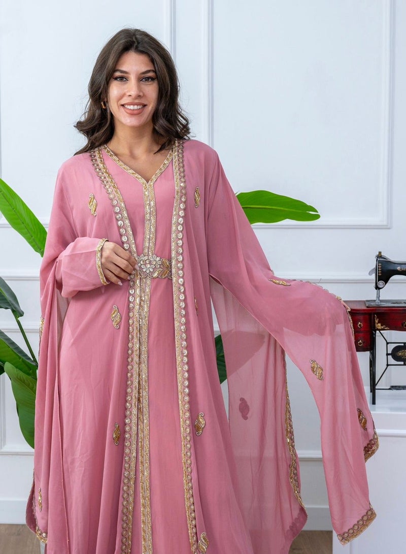 البنت الشرقية قفطان مغربي شيفون قطعتين مع حزام على الخسر - Image 2