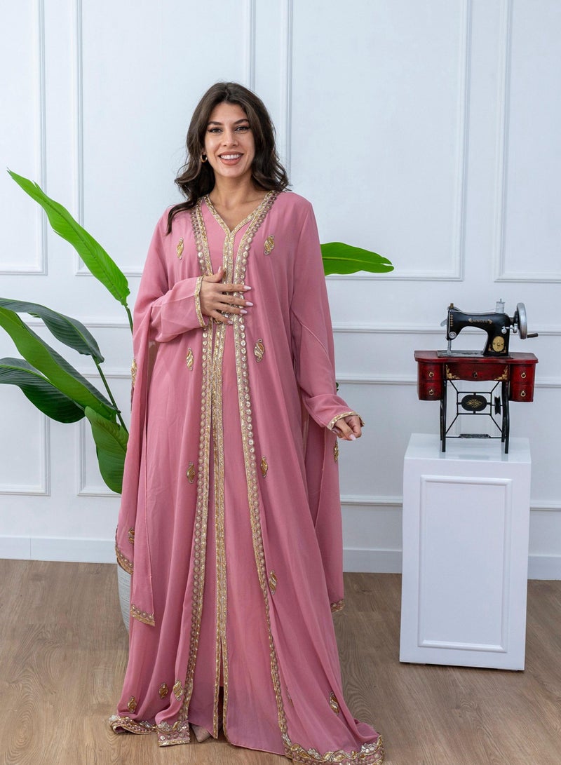 البنت الشرقية قفطان مغربي شيفون قطعتين مع حزام على الخسر - Image 1