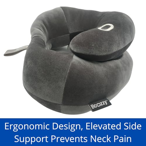 BCOZZY Flat Back Travel Neck Pillow – Patented Neck Pain Relief & Support for Head, Neck, and Chin. Ideal for Airplanes, Long Flights, Car Rides. Adjustable, Washable, with Carry Bag. Large, Navy - Image 4
