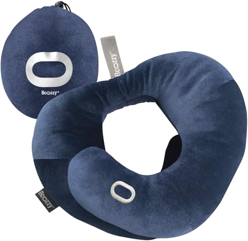 BCOZZY Flat Back Travel Neck Pillow – Patented Neck Pain Relief & Support for Head, Neck, and Chin. Ideal for Airplanes, Long Flights, Car Rides. Adjustable, Washable, with Carry Bag. Large, Navy - Image 1