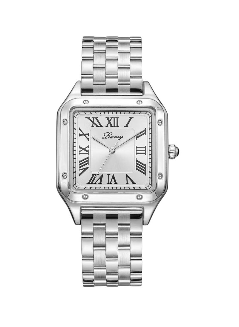 Men's steel wristwatch, Cartier style, water-resistant, modern and high quality, silver bracelet with silver dial