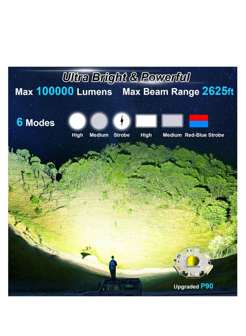 Rechargeable Spotlight, 100000 Lumens Led Spot Lights Handheld Large Flashlight Super Bright Outdoor Solar Spotlights Searchlight with Cob Light, 6 Modes, IPX5 Waterproof (Black)  - Image 2