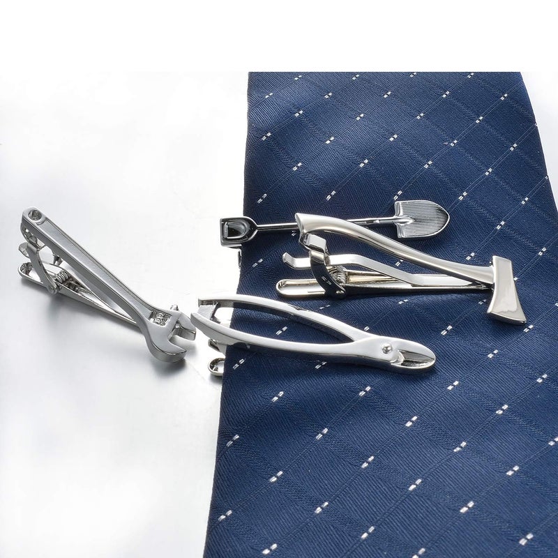 Yoursfs 4Pcs Silvery Skinny Cool Tie Clips Set for Men Firefighter Tie Bar Funny Tire Axe Wrench Pliers Shovel Tool Novelty Tie Clip - Image 4