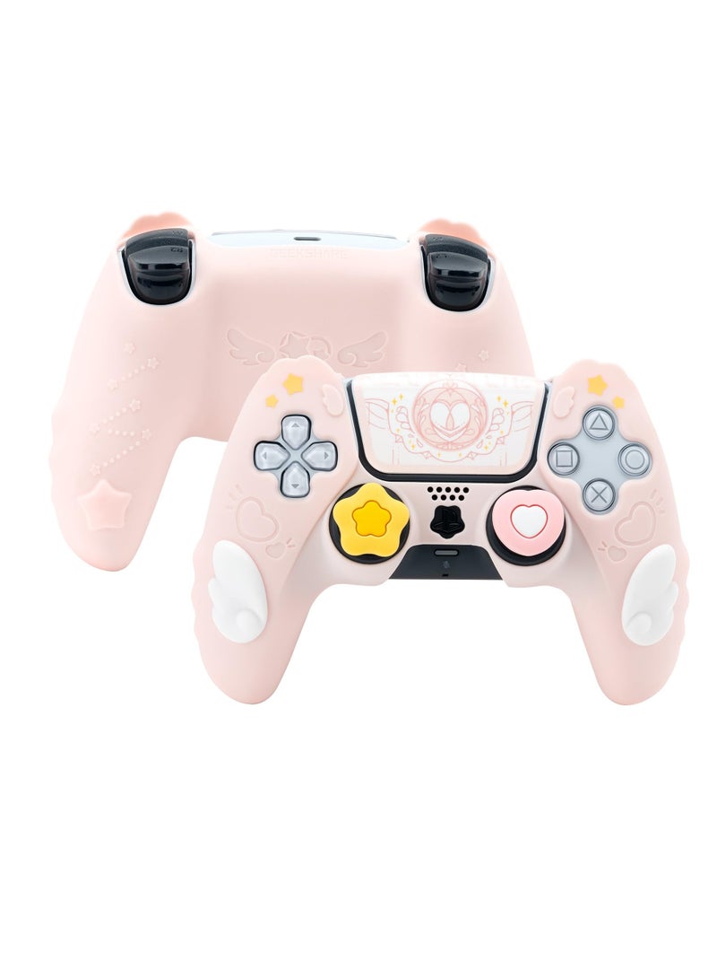 Excefore Controller Skin Compatible with PlayStation 5, Cute Star Wings Series Controller Silicone Case for PS5, Kawaii Anti Slip Silicone Controller Case with 2 Thumb Grip Caps and 2 Stickers (Pink)  - Image 1