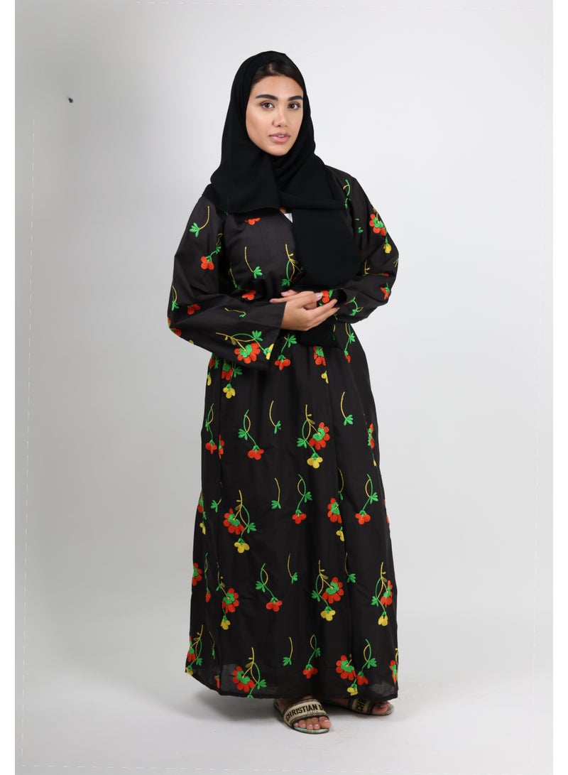 JAMEELA Black Floral Embroided Abaya with Headscarf - Image 2