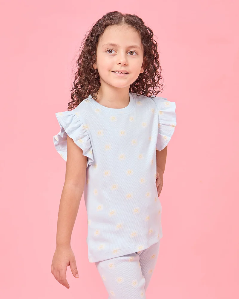 Redtag Girls Blue Floral Printed Rib T-Shirt