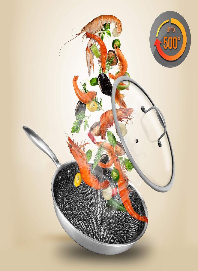 NutriChef 12" Stainless Steel Frying Pan - Triply Kitchenware Stir Fry Pan Kitchen Cookware w/DAKIN Etching Non-Stick Coating, Scratch-resistant Raised-up Honeycomb Fire Textured Pattern NC3PL12 - Image 2