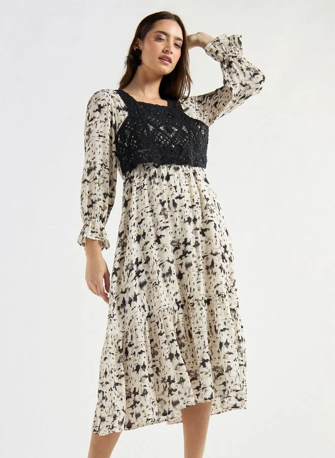 Splash FAV Panelled A-line Dress with Square Neck and Bell Sleeves