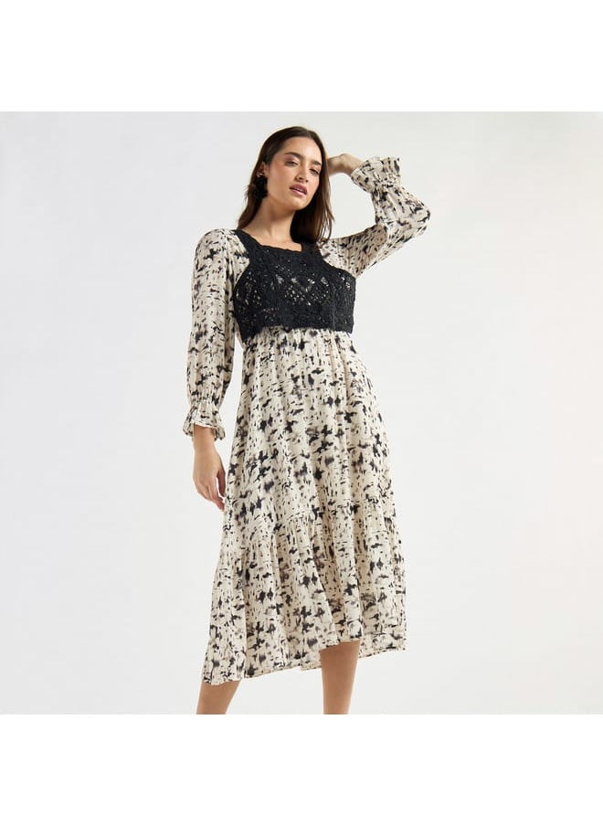 FAV Panelled A-line Dress with Square Neck and Bell Sleeves  - Image 1