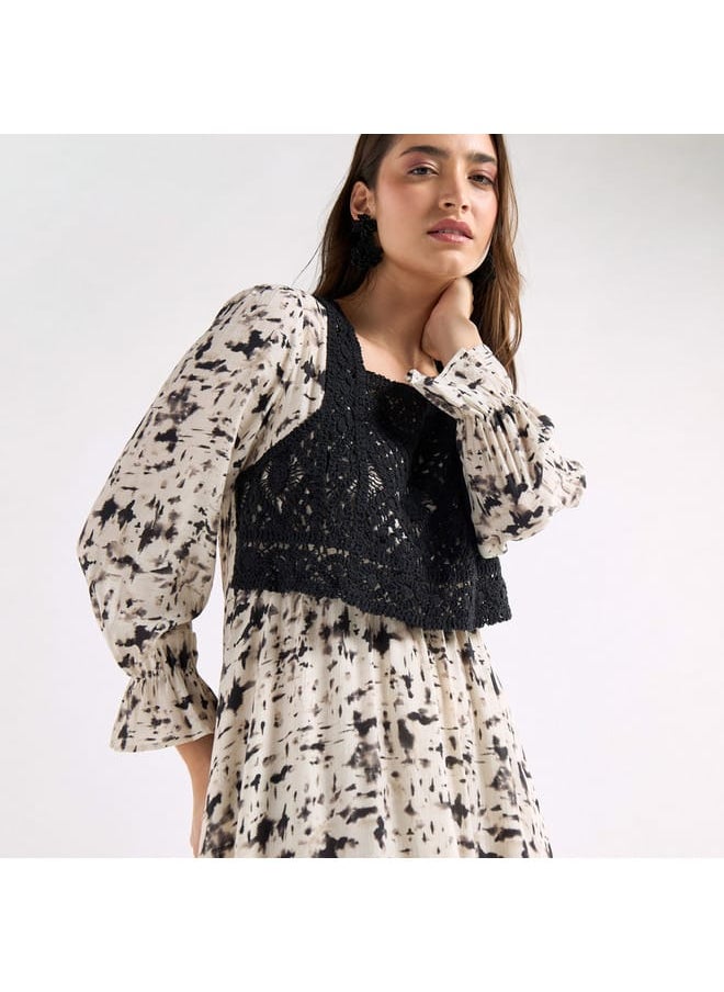 FAV Panelled A-line Dress with Square Neck and Bell Sleeves  - Image 4