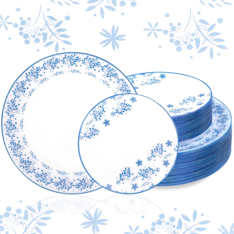 Joyido 60 PCS Blue Floral Plastic Plates - White and Blue Disposable Decorative Plates Set Include 30 Dinner Plate, 30 Dessert Plate for Wedding & Party & Spring - Image 1